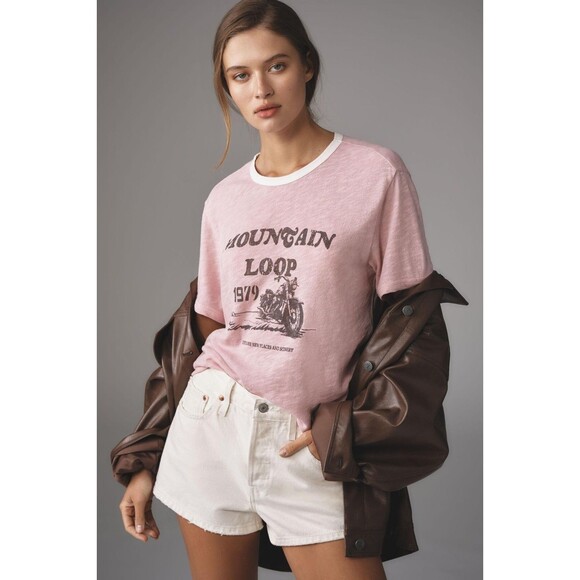 Pilcro Anthropologie Mountain Loop Ringer Tee Blouse Top Printed Pink XS 278102 - Picture 1 of 8